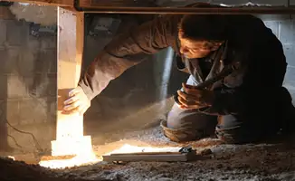 A professional inspecting wooden beams under the floor of a structure in Santa Ana, CA
